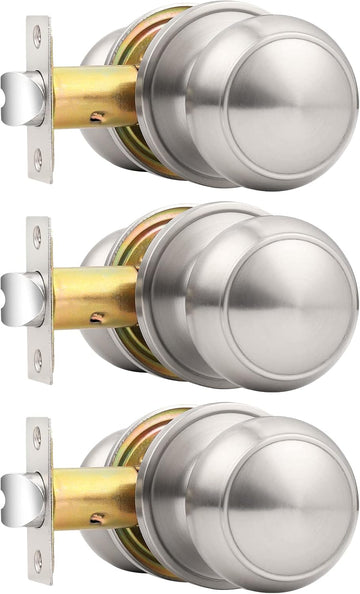 Brushed Nickel Passage Door Knobs, Flat Ball Interior Handles for Hall and Closet, Keyless Door Handles 3 Pack