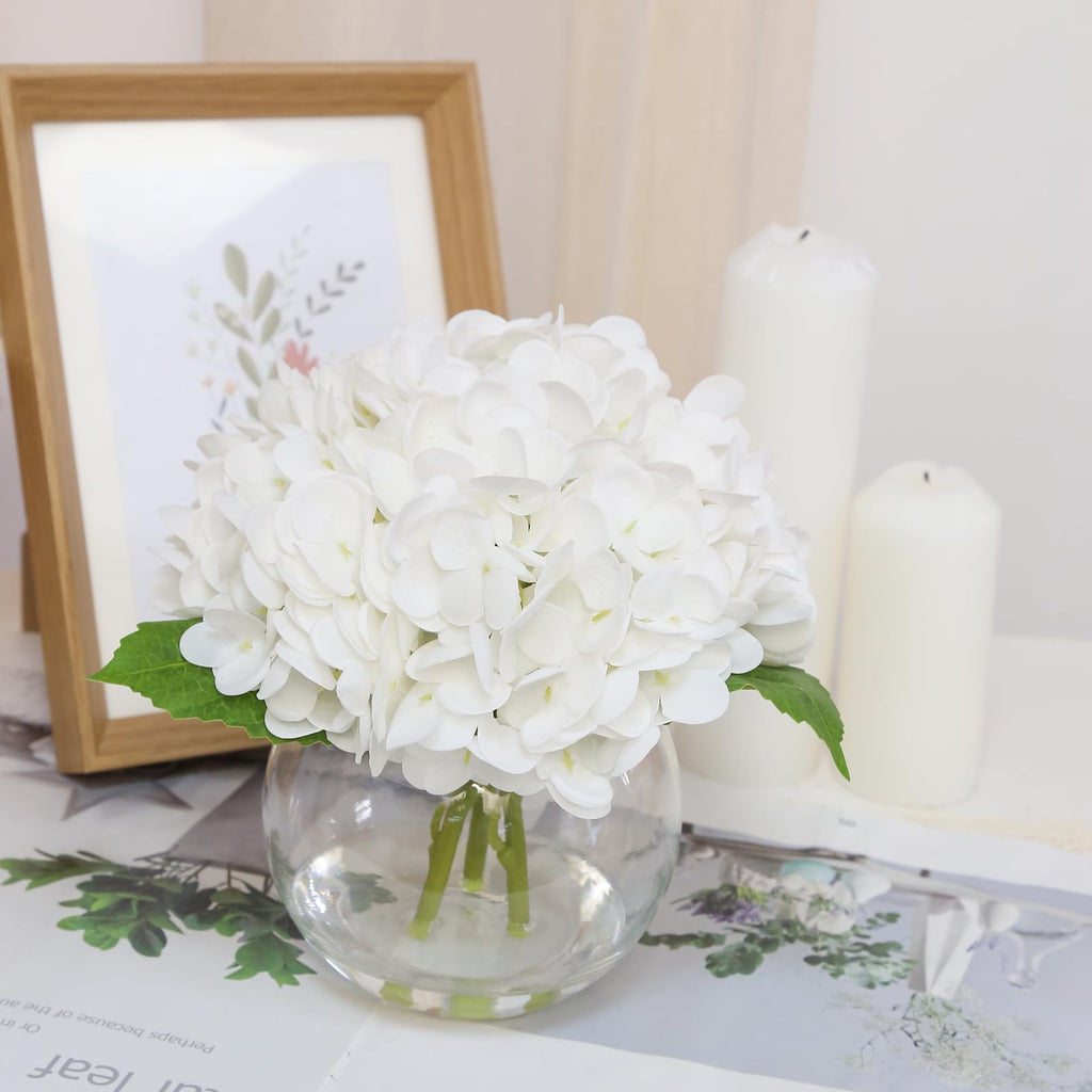 Real Touch Hydrangea Artificial Flowers with Vase, White Hydrangea Fake Flowers Arrangements in Glass Vase with Faux