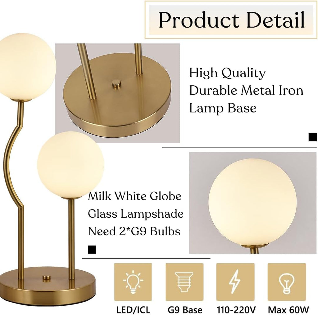 Mid Century Gold Globe Table Lamp 2-Light Orb Modern Beside Desk Table Light with Milk White Glass Shade Metal Base