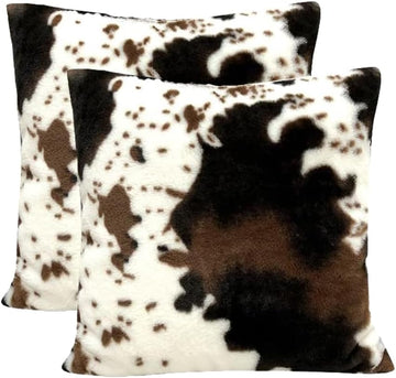 Cowhide Animal Black White and Brown Faux Fur Throw Pillow Covers 18x18 Set of 2 for Chair Bedroom Living Room Sofa