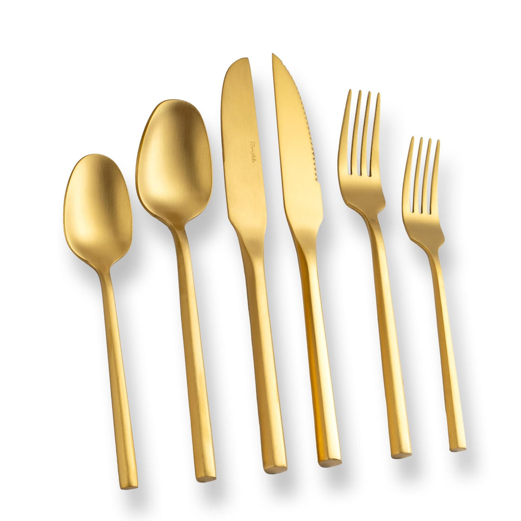 Gold Silverware Set with Steak Knives, Flatware Set with Hexagon Handle 24 Pieces 18/0 Stainless Steel Cutlery Set