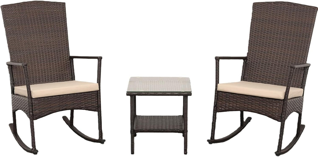 Outdoor HDPE Wicker Rocking Chair 3-Piece Patio Rattan Bistro Set 2 Rocker Armchair and Glass Coffee Side Table