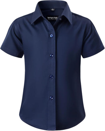 Girls Short Sleeve Dress Shirt Kids Stretch Wrinkle-Free Button Down Shirt School Uniform Blouse