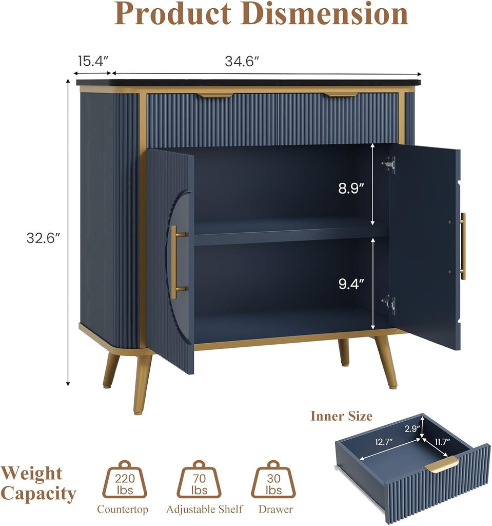 35" Modern Sideboard Buffet with Storage, Kitchen Storage Cabinet with Adjustable Shelves & 2 Drawers, Accent Fluted