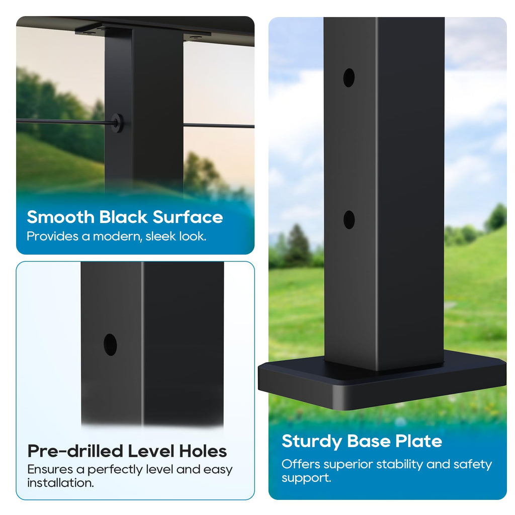 Level Drilled Cable Railing Post 36" (35"X2"x2"), Flat Bracket Stainless Steel Deck Railing Post, Black Level Holes