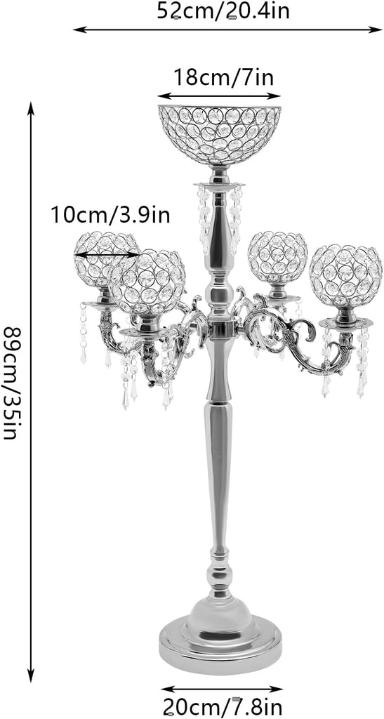 5 Arms Gold Candelabra Centerpiece with Crystal Pendant - 35" Tall Floor Candle Holder Table Candelabra Standon (Silver)