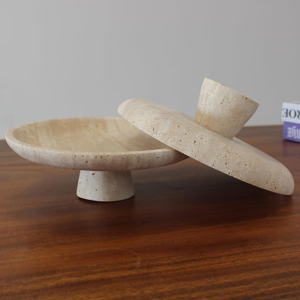 Natural Travertine Fruit Bowl Counter 10.2", Large Decorative Bowl Pedestal Decor, Fruits Holder For Dining Table