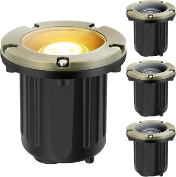 Brass Low Voltage Landscape Well Lights (5" Cover, 5.5" Tall), 12V LED Wired In-Ground Outdoor Up Lighting Fixture