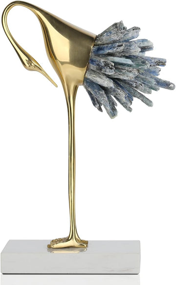 Gold Crane Statue with Blue Crystal Tail, 8.7-Inch | Brass Bird Sculpture on Marble Base, Modern Tabletop Decor and