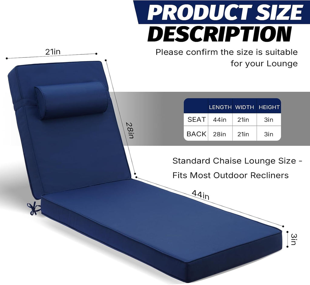Outdoor Chaise Lounge Cushion, Blue, 72 x 21 x 3 in