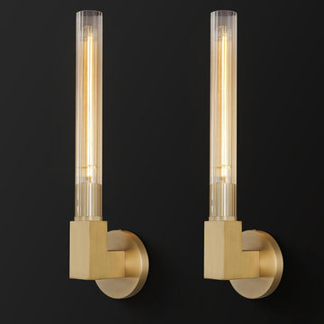 Inspired Cannele Style Gold Wall Sconces Set of 2, Modern Bathroom Vanity Lights with Tube Glass Shades - Industrial Vintage Wall Lighting for Mirror, Hallway, Bedroom, Dressing Room