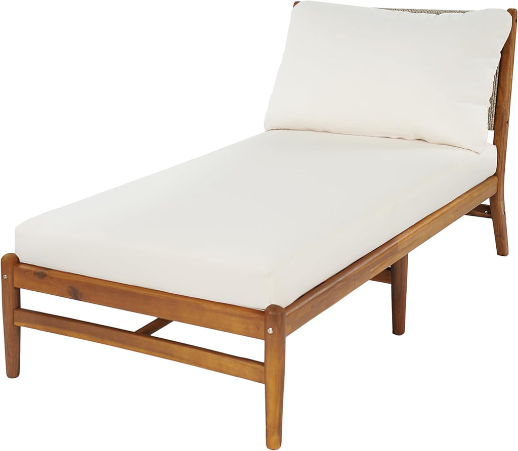 Acacia Wood Chaise Lounge Chair Outdoor With Water Resistant Cushion, Outdoor Recliner Chair With Hand-Woven