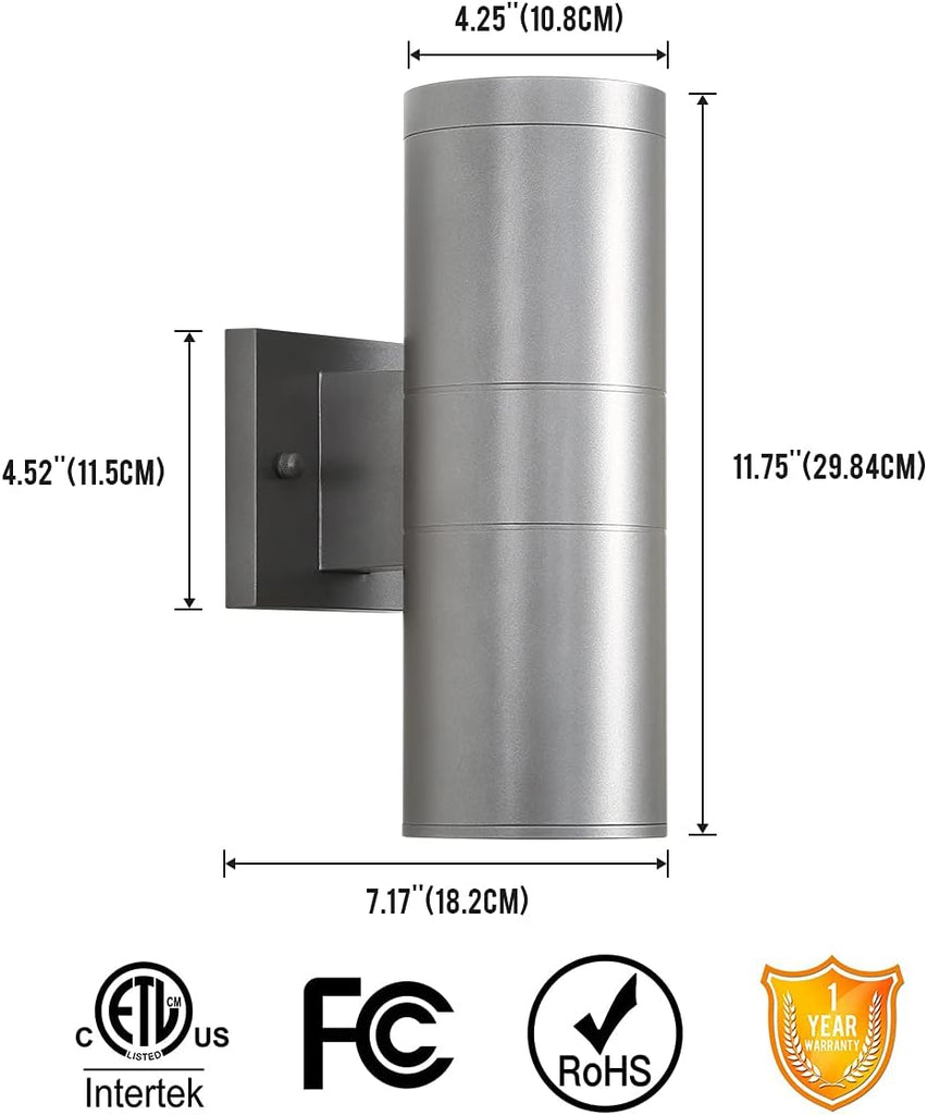 Modern Outdoor Porch Light Patio Light in 2 Lights with Aluminum Cylinder and Tempered Glass Cover Waterproof Wall Sconce 2 Pack (Metallic Gray)