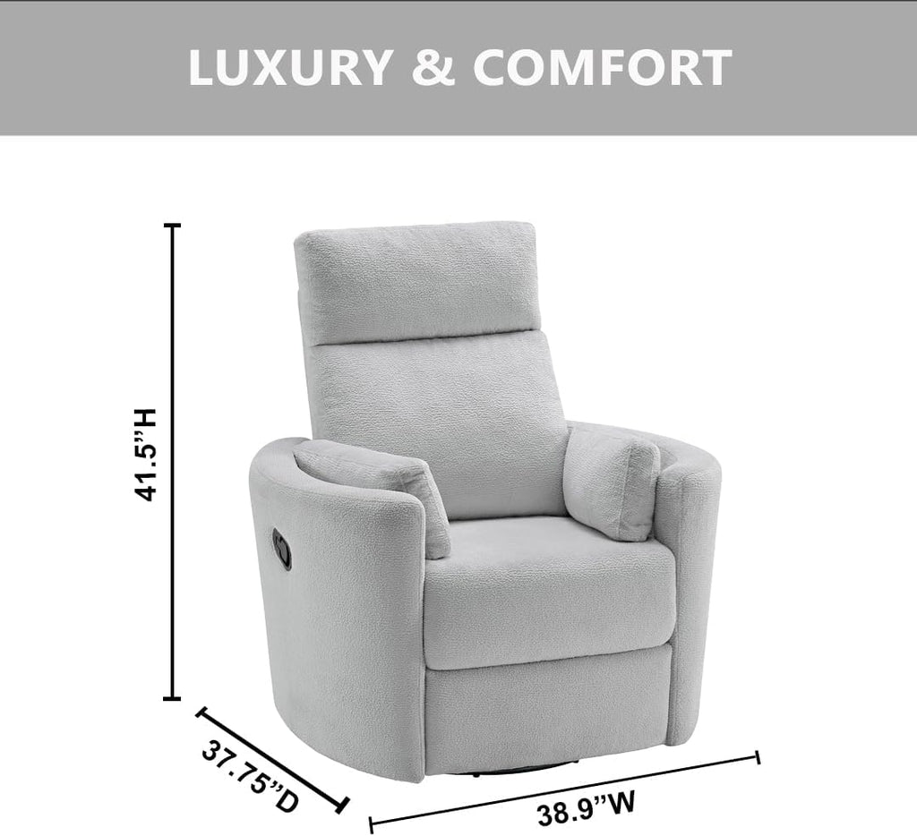 Upholstered Glider Recliner Rocking Chair 360° Swivel r, Plush Gray