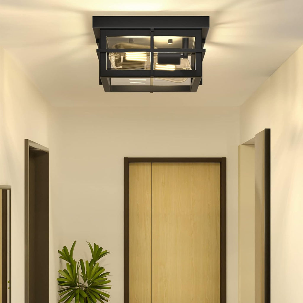 Modern Outdoor Ceiling Light Fixtures, 2-Light Black Flush Mount Light Fixtures with Clear Glass Shade