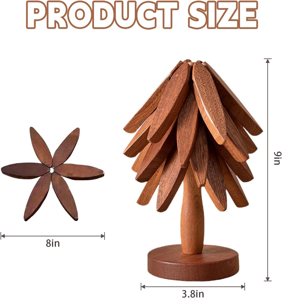 Natural Foldable Black Walnut Wooden Trivet Set - 4 Trivets + 1 Stand for Hot Dishes, Pot, Bowl, Teapot, Hot Pot