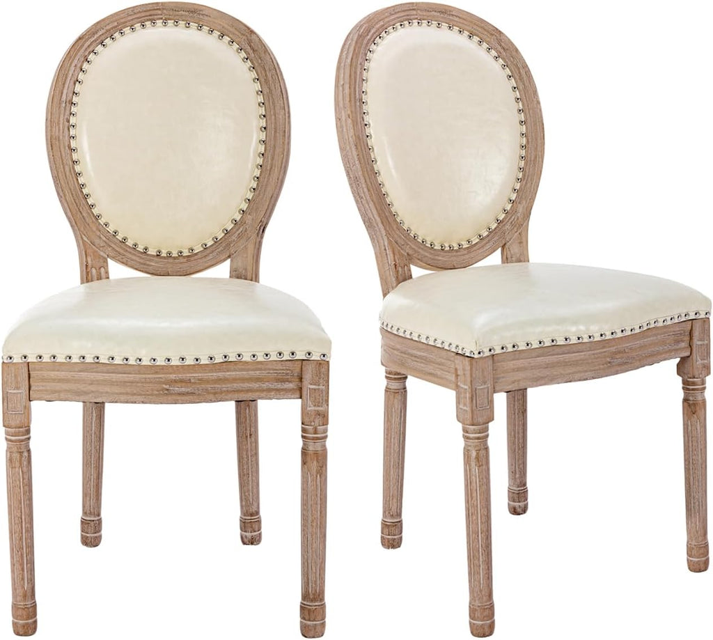 French Country Dining Chairs Set of 2, Upholstered Leather Accent Chairs with Curved Backrest for Dining Room, Kitchen or Restaurant, Beige