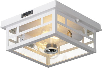 Outdoor Flush Mount Motion Sensor White Ceiling Light - Timeless Industrial Design with Seeded Clear Glass for Your