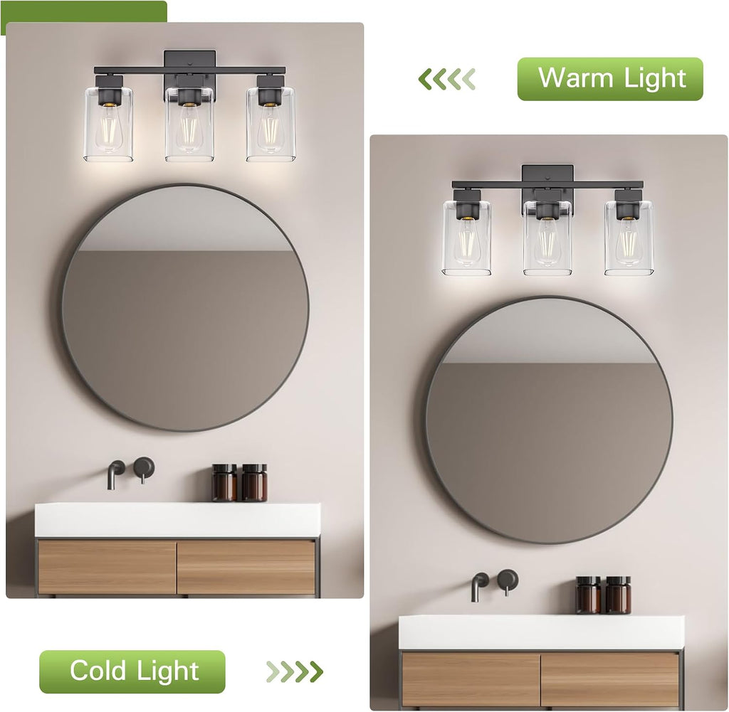 Matte Black Bathroom Vanity Light, 3-Light Vanity Lighting fixtures Over Mirror, Square Design & UL Certification