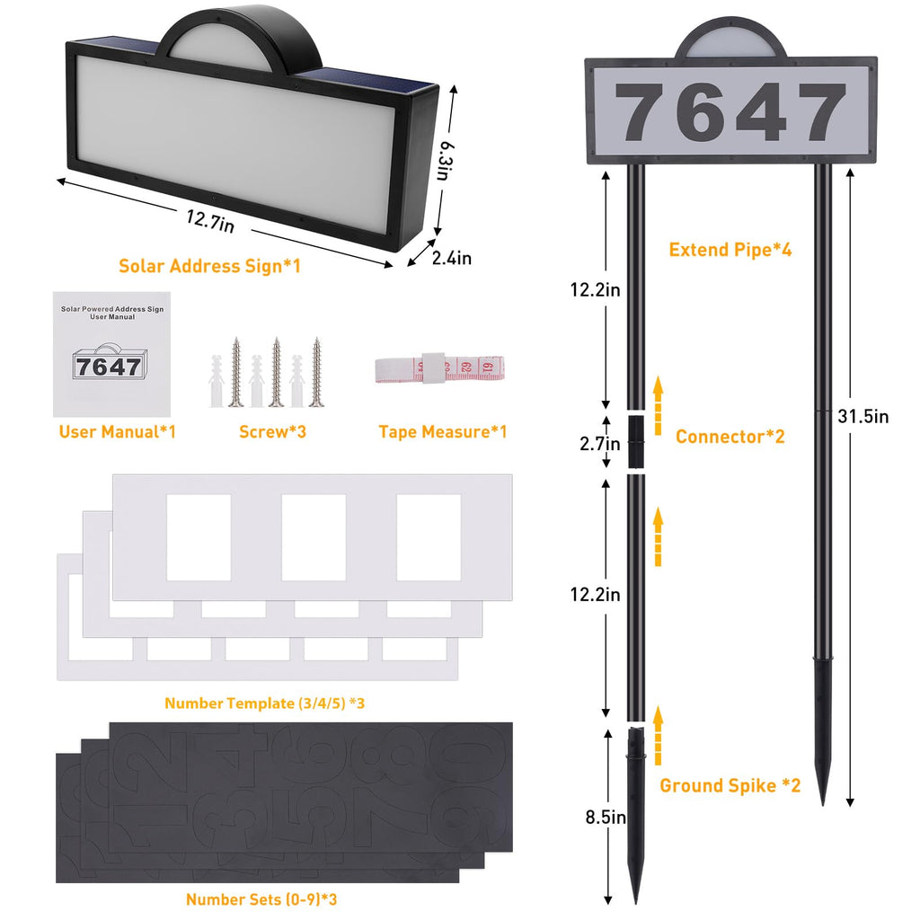 Solar House Numbers Address Sign, IP65 Waterproof Solar Address Plaque for Outside, 3200K Warm & 6500k Cold LED