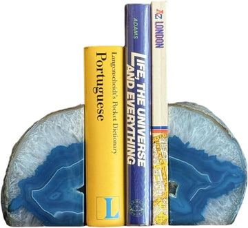 GM Teal Agate Bookends for Heavy Books. Crystal Stone Bookend. 1 Pair, A Grade, Pre-Matched Polished Geodes Home
