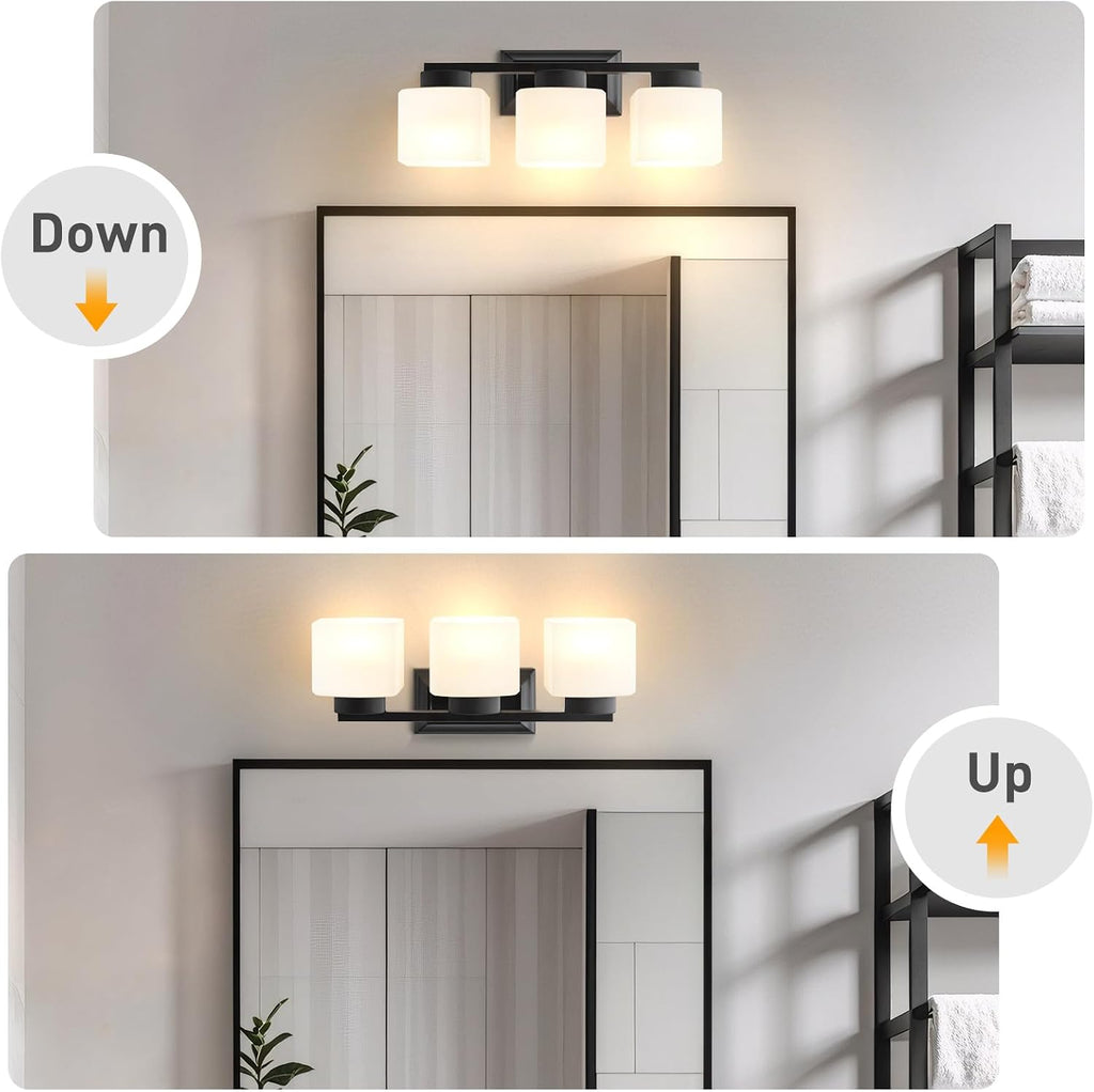 3-Light Bathroom Light Fixtures - Black Bathroom Vanity Lights with Frosted Glass Shade Modern Bathroom Lighting