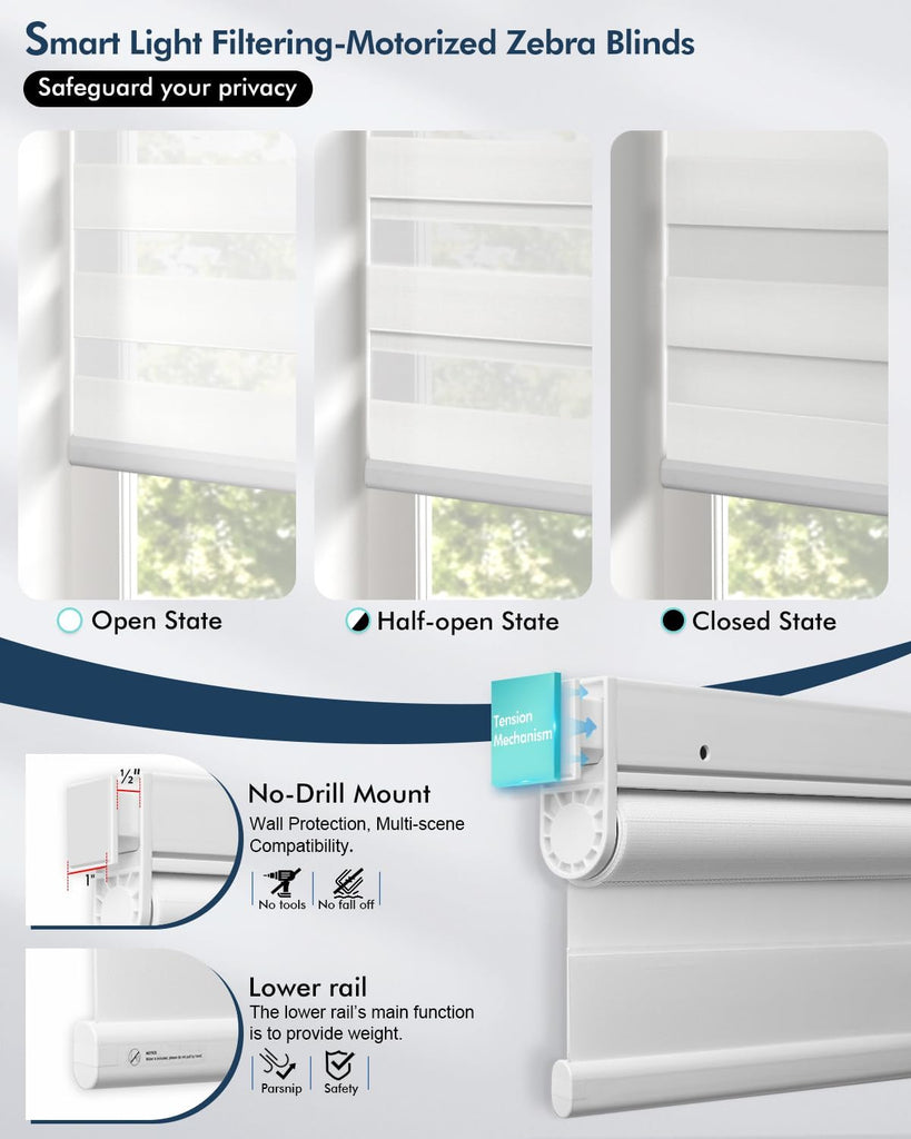 No Drill Motorized Zebra Blinds with Remote,Cordless Shades Dual Layer,Thermal Insulated Upgraded Shades(White