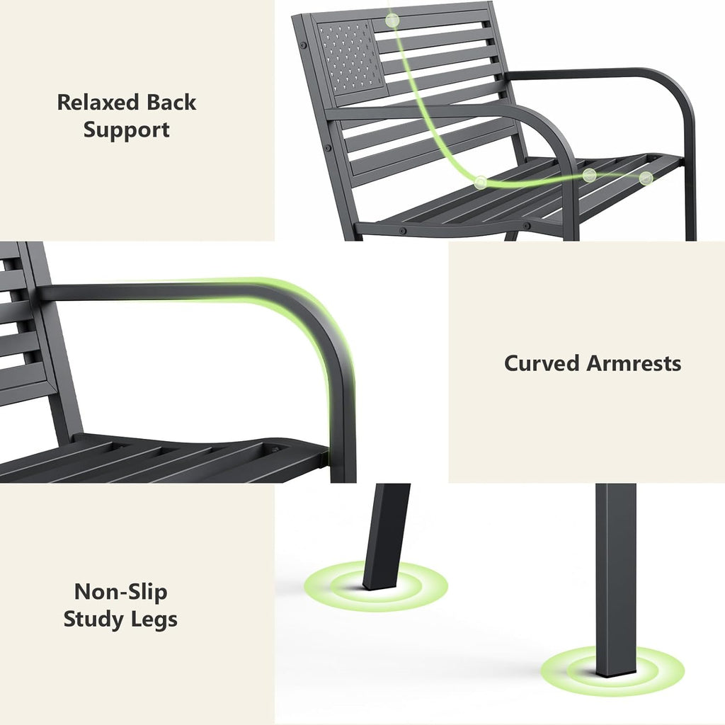 Outdoor Bench, Sturdy Metal Garden Bench with Classic Stars and Stripes Design Metal Backrest, 2-Person Patio Bench
