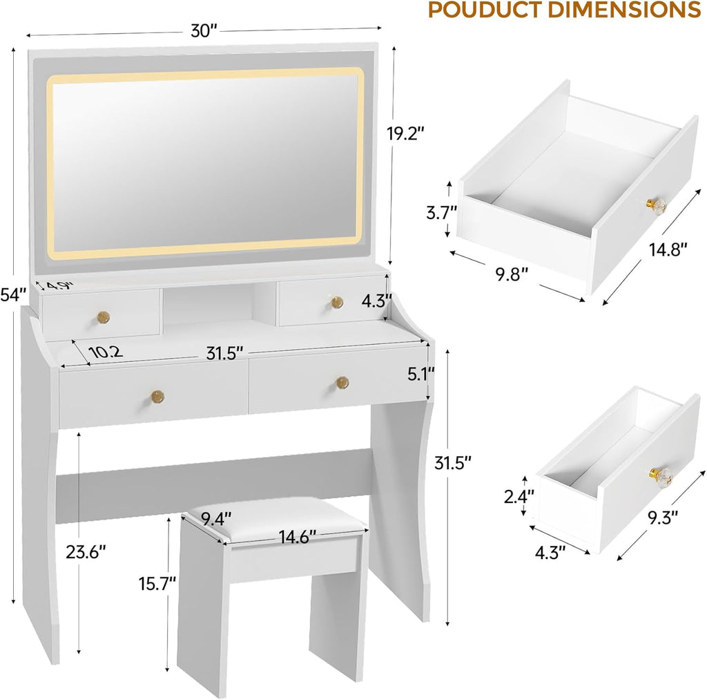Makeup Vanity Desk with Mirror and Lights, Vanity Table and Chair Set with 5 Drawers & Charging Station, Bedroom