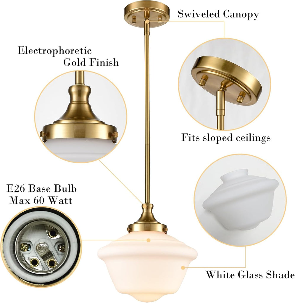 Modern Gold Schoolhouse Pendant Light Fixture | 10-Inch Milk White Glass Pendant Lighting for Kitchen Island