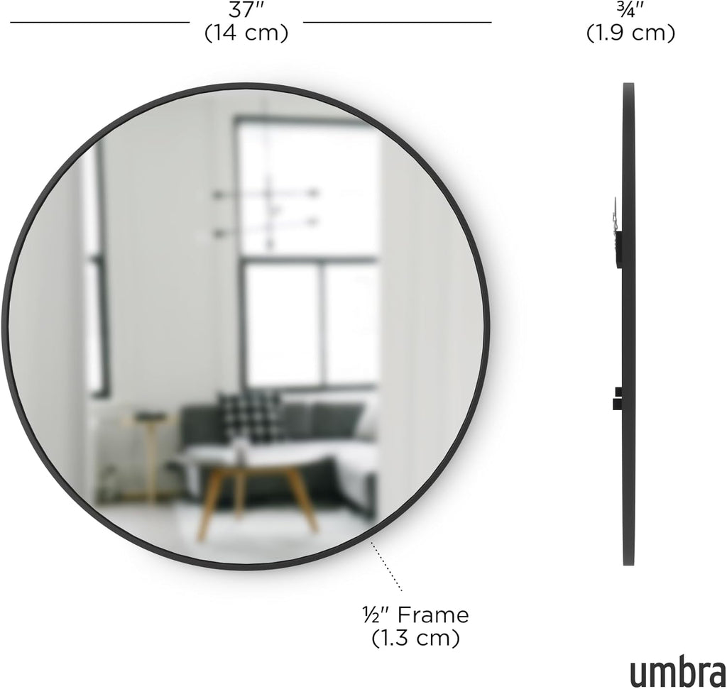 Hub Round Wall Mirror with Rubber Frame, Modern Style and More, 37-Inch, Black