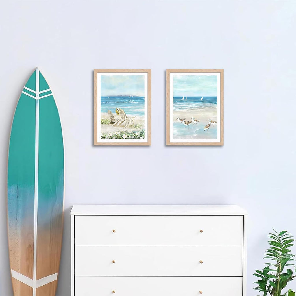 Framed Beach Wall Art Set of 2, Coastal Canvas Prints with Solid Wood Frame & Acrylic Cover, Ocean Seaside Painting
