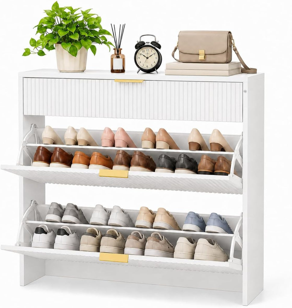 Narrow Fluted Shoe Storage Organizer with Drawer,Gold Handles, Walnut | Shoe Storage Cabinet , Freestanding Drawer