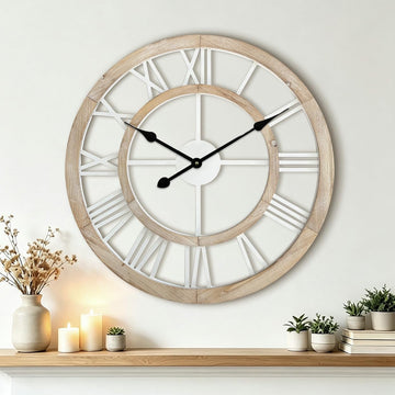 24 Inch Large Rustic Wall Clock Silent Non-Ticking Wooden Wall Clocks with Roman Numerals Farmhouse Decorative Clock
