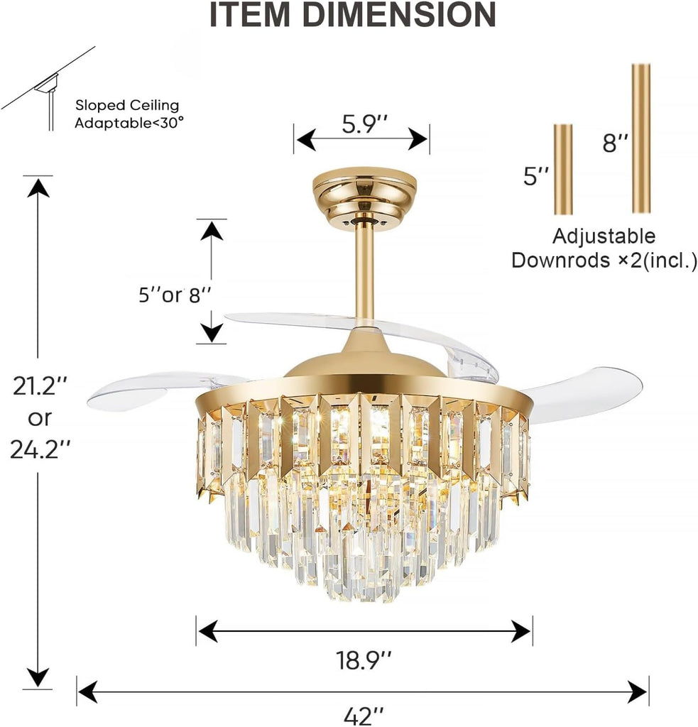42" Fandelier Ceiling Fan with Light, Crystal Chandelier Fan with Retractable Blades Dimmable Crystal Ceiling Fan