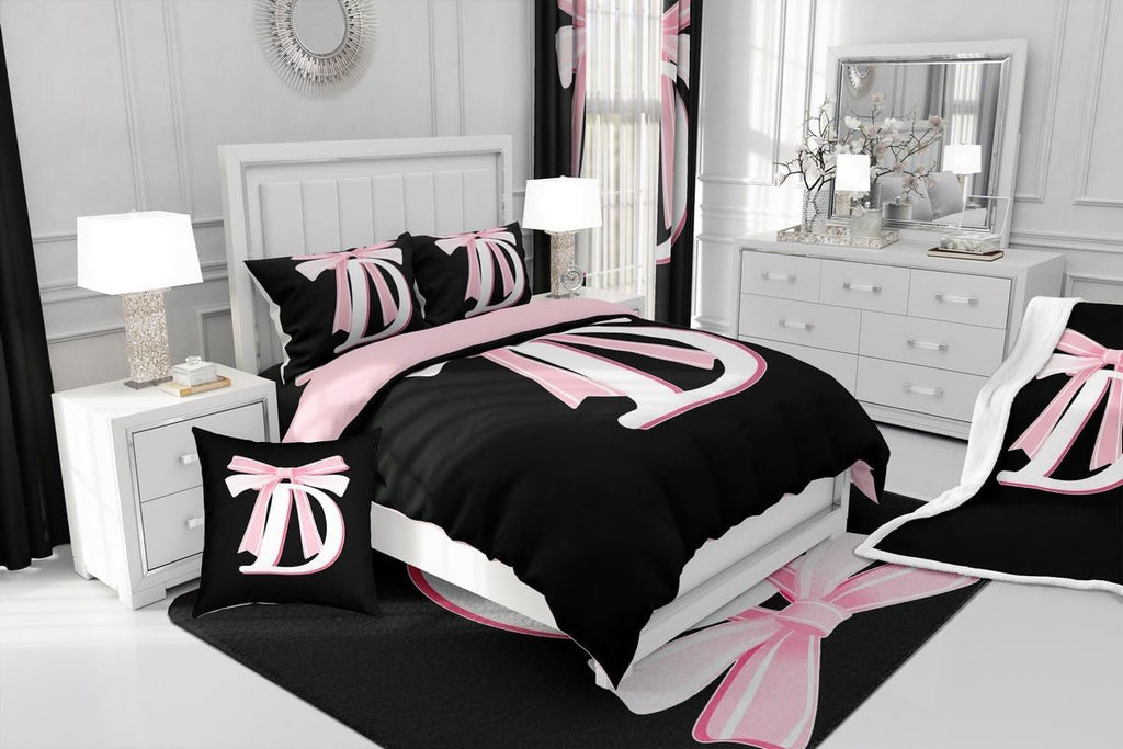Kids Girls Black Pink Bow Comforter Set with Sheets Monogrammed 7 Piece Bedding Set Personalized