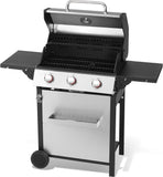 3-Burner Propane Gas Grill, 30,000 BTU Outdoor BBQ Grill with Cast Iron Grates, Double-Layer Stainless Steel Lid and Foldable Side Shelves