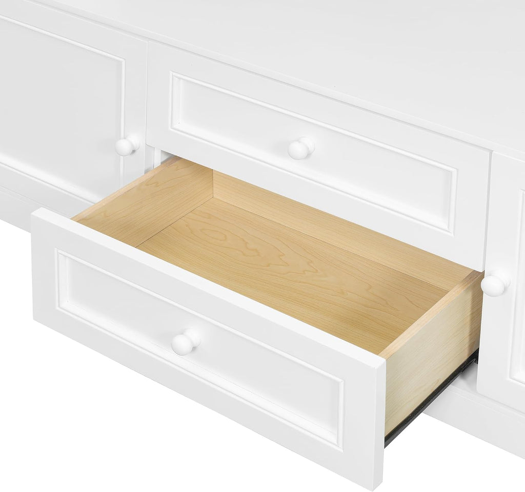 Twin Murphy Bed with TV Stand and Storage, Solid Wood Construction - White, Space-Saving Design