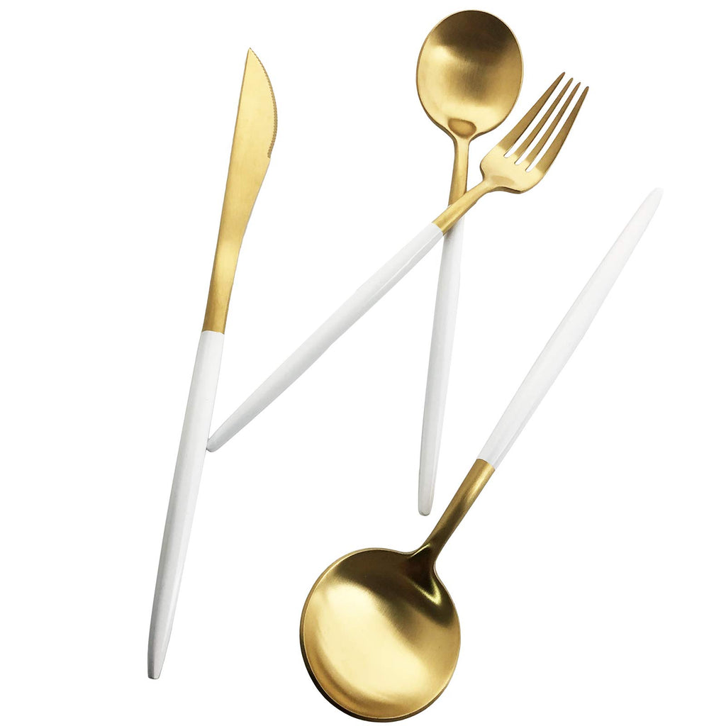 Silverware Set, Hand polished Matte Gold White Flatware Cutlery Set Service for 2, Satin Finish 10 Pieces 18/10