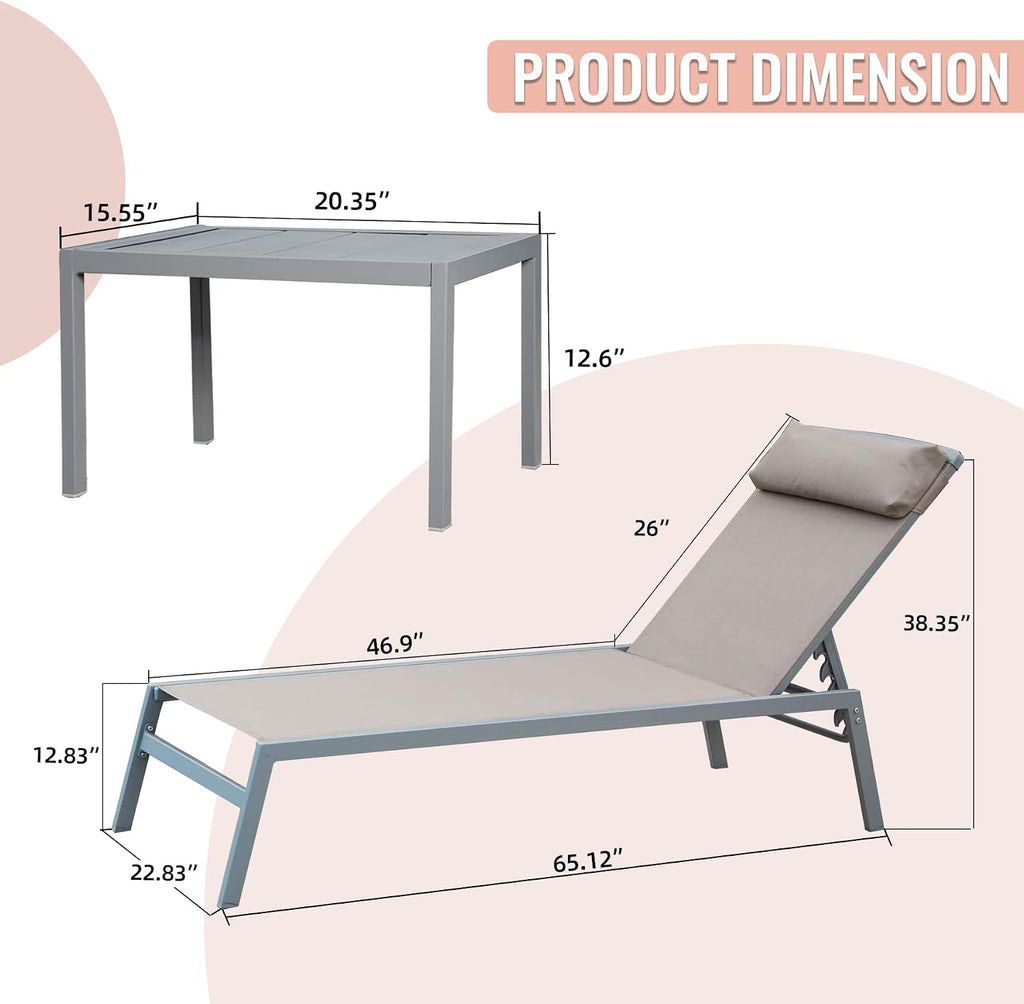 Patio Chaise Lounge Set of 3, Aluminum Lounge Chairs with 5 Adjustable Positions, Outdoor Chaise Lounge, Khaki
