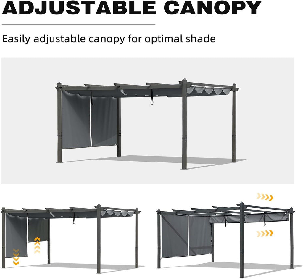 12x14 FT Outdoor Pergola - Retractable Shade Canopy with Aluminum Frame & Roller Shade Curtains for Patio