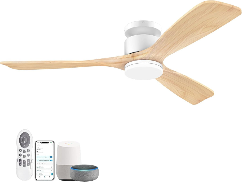 52 Inch Smart Flush Mount Ceiling Fans with Lights Remote, Wood Outdoor Indoor Ceiling Fan, WIFI Alexa App Control