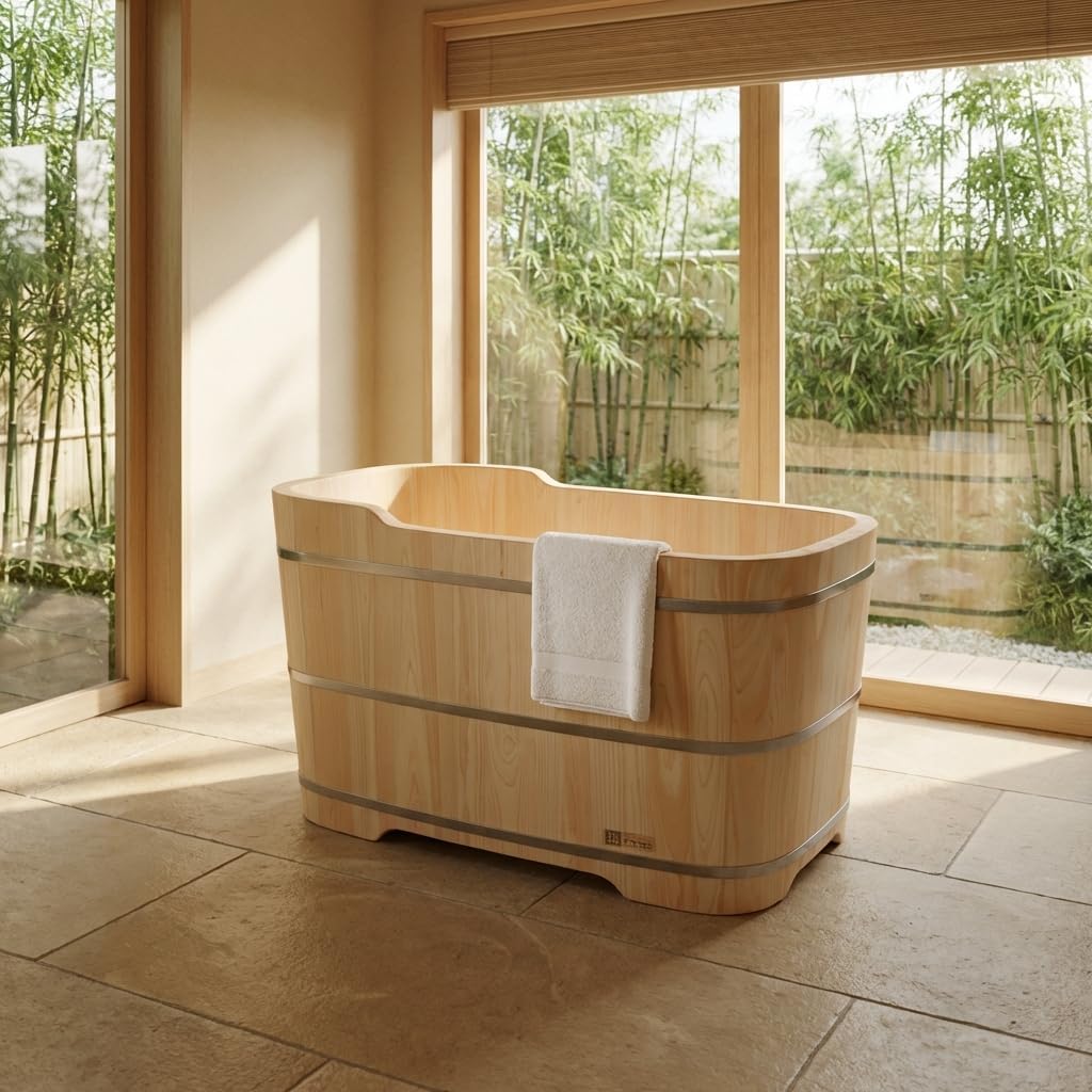 Premium Japanese Hinoki Wood Soaking Tub - 47.2" Freestanding Bathtub with Copper Drain