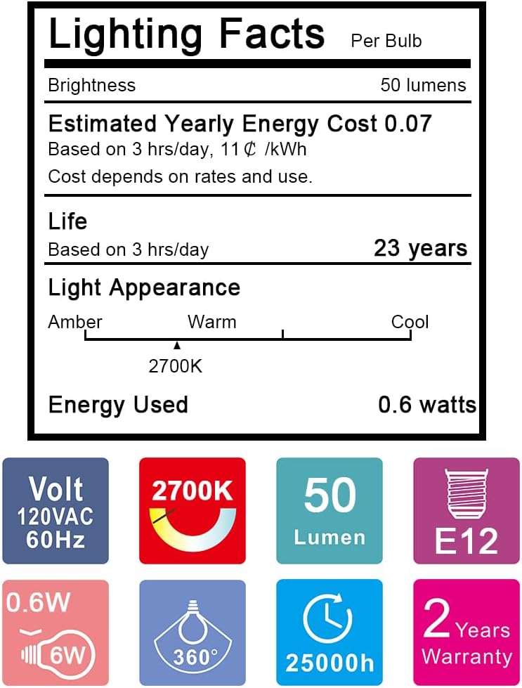 Night Light Bulbs, C7 Candelabra LED Light Bulbs, E12 Chandelier Base, 4W 5W 6W 7W Incandescent Equivalent, Warm