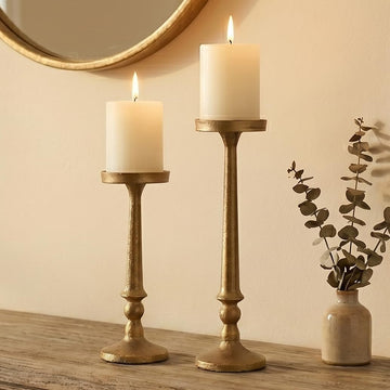 Vintage Iron Pillar Candle Holders Set of 2 12.2" & 10" Tall Candleholders - Rustic Brass Candle Stands - Dining