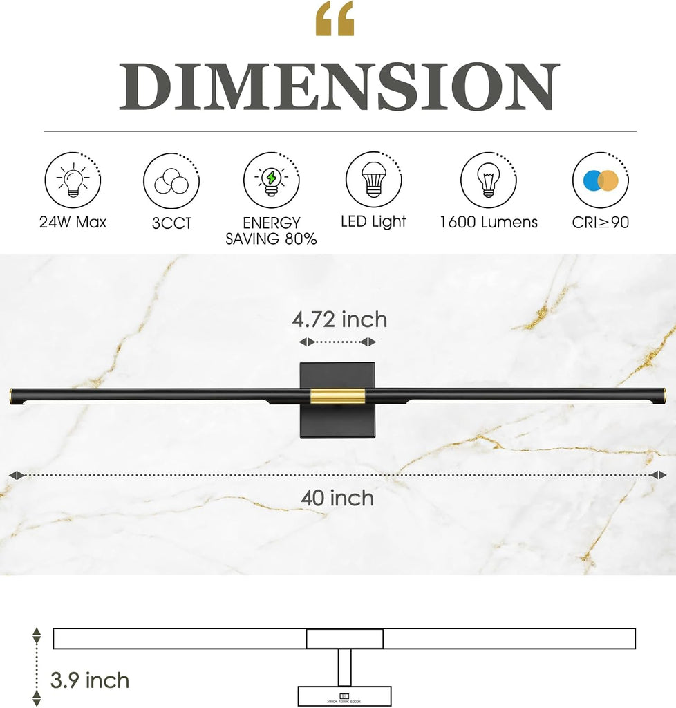 40 Inch Bathroom Light Fixtures, 24W 3CCT Dimmable Black and Gold LED Vanity Lighting Fixtures Over Mirror