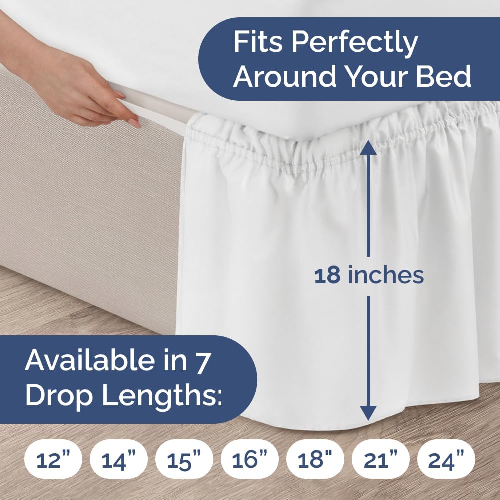 Wrap Around Dust Ruffle Bed Skirt - (Twin, Black) Beds with 18" - Drop Elastic Strap - 100% Cotton 600 Thread Count