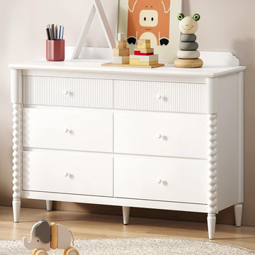 White Nursery Dresser for Kids Bedroom, 6 Drawers for Storage | Jenny Lind Spindle Legs Dresser, Baby Clothes