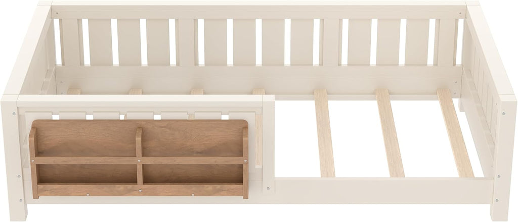 Twin Size Floor Bed with high Rails and with Built-in Bookshelf for Kids, Girls, Boys, Wood Montessori Floor Bed