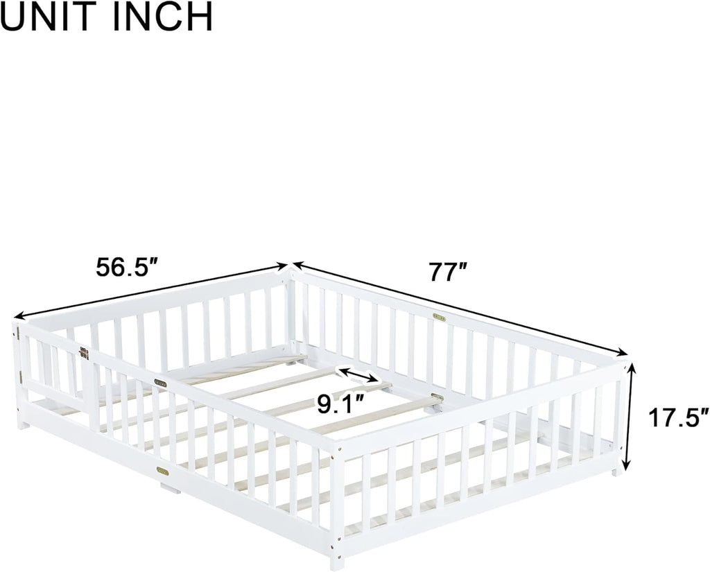 Full Size Montessori Floor Bed with Slats, Door and Guardrails, White | Low Profile Montessori Bed with Fence, Easy